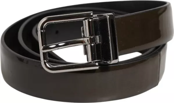 Brown Glossy Leather Classic Metal Buckle Belt