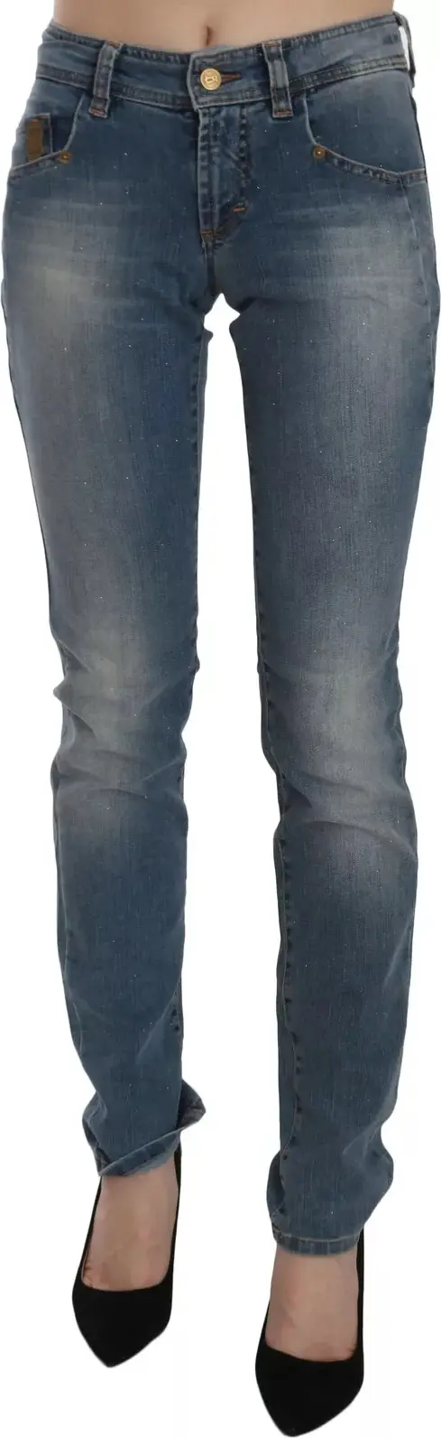 Blue Washed Mid Waist Skinny Casual Denim Pants