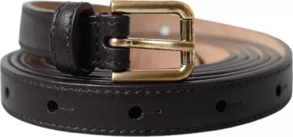 Black Leather Long Skinny Gold Metal Buckle Belt