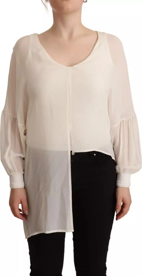 Off White Silk Long Sleeves Deep Vneck Top