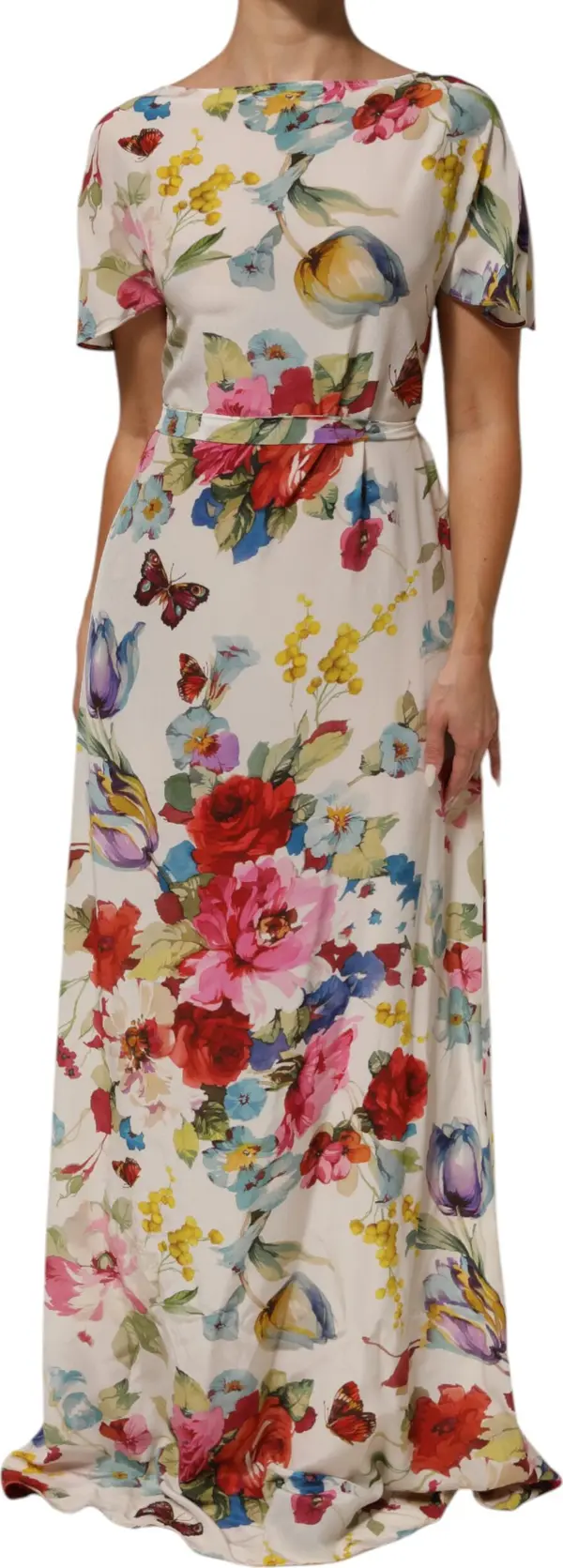 White Floral Print Silk Sheath LongGown Dress