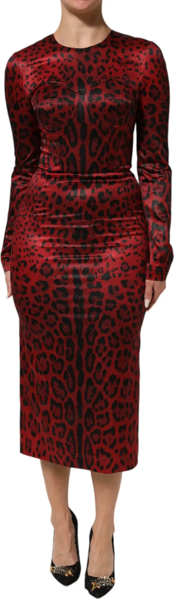 Red Leopard Sheath Long Sleeves Dress