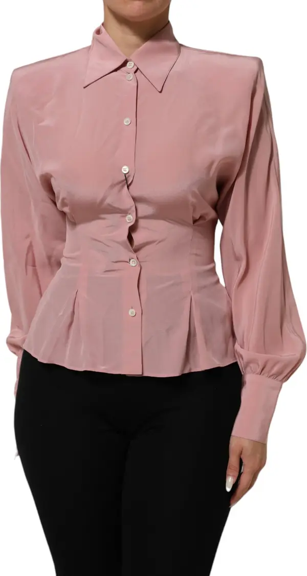 Pink Silk Collared Long Sleeves Blouse Top