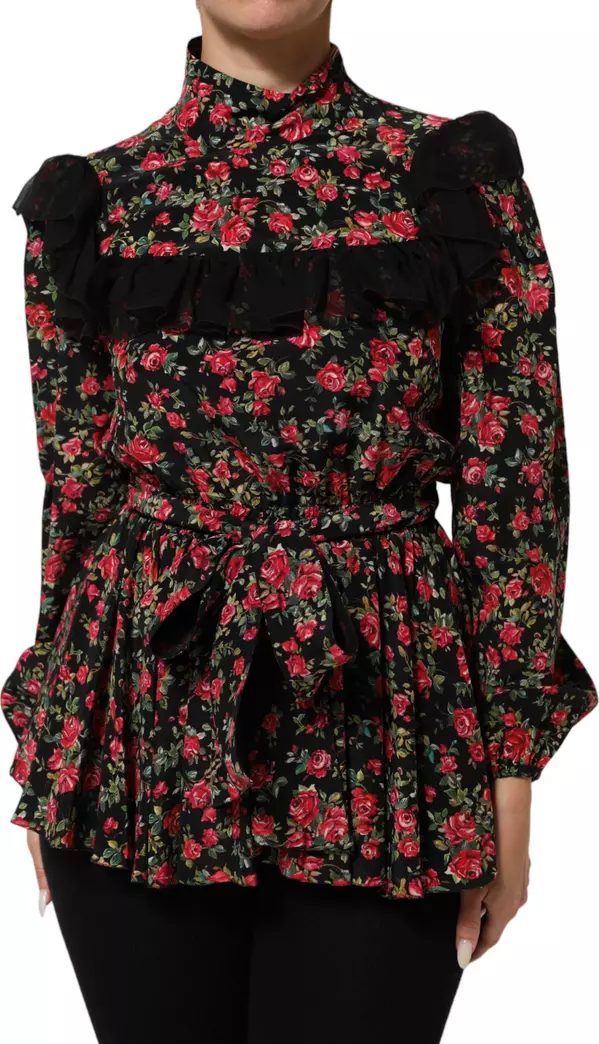 Black Floral Print Long Sleeve Blouse Top