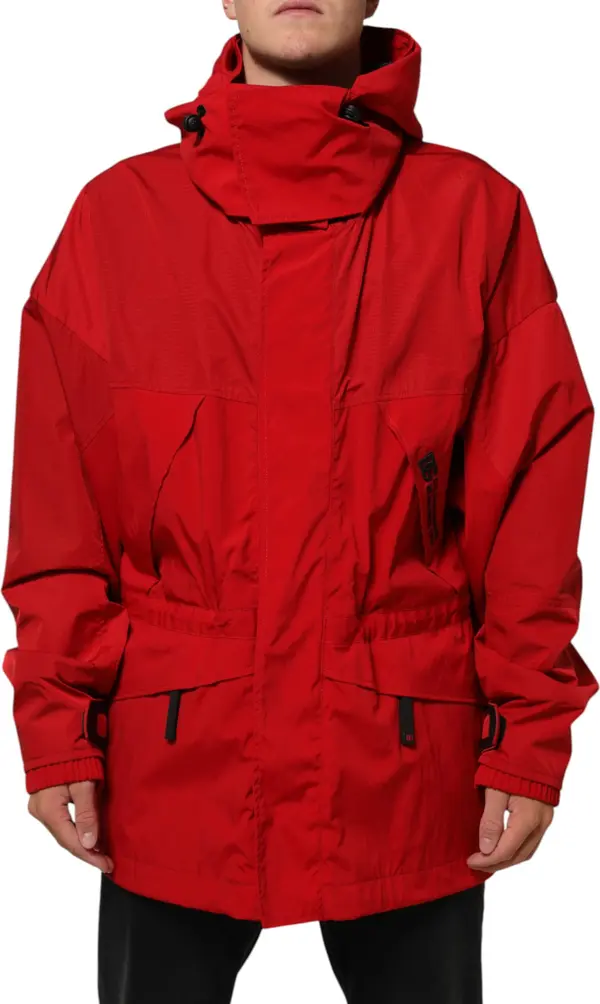 Red Nylon Hooded Men Full Zip Parka Jacket