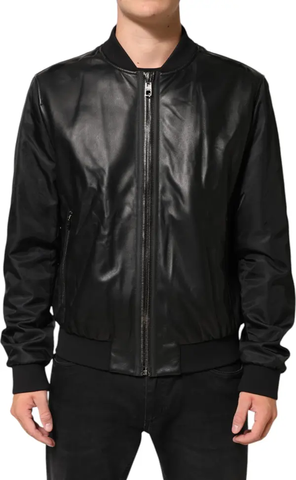 Black Leather Nylon FullZip Blouson Jacket