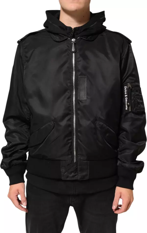 Black Cotton Hooded Full Zip Bomber Jacket