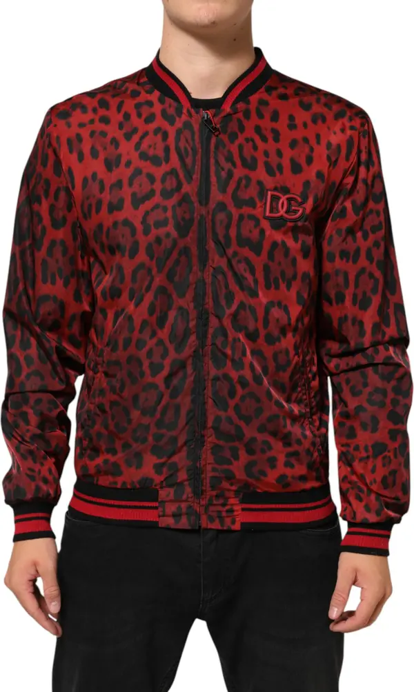 Red Leopard Print Full Zip Bomber Men Jacket