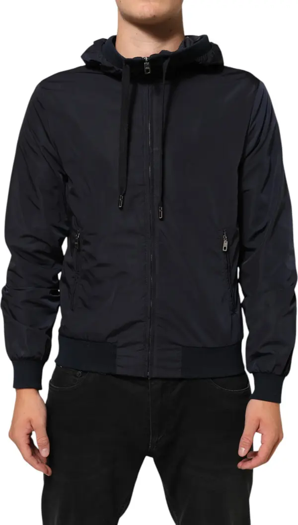 Blue Logo Tape Hooded Full Zip Bomber Jacket