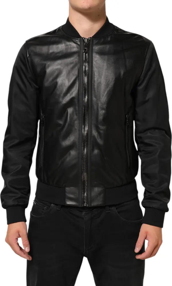 Black Leather Nylon FullZip Blouson Jacket
