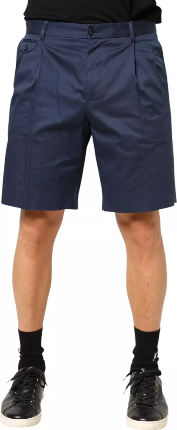 Blue Cotton Stretch Mid Waist Bermuda Shorts