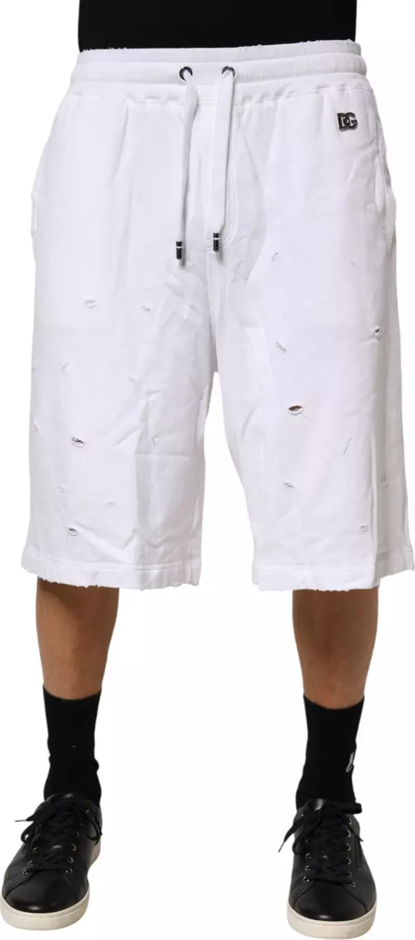 White Distressed Cotton Men Bermuda Shorts