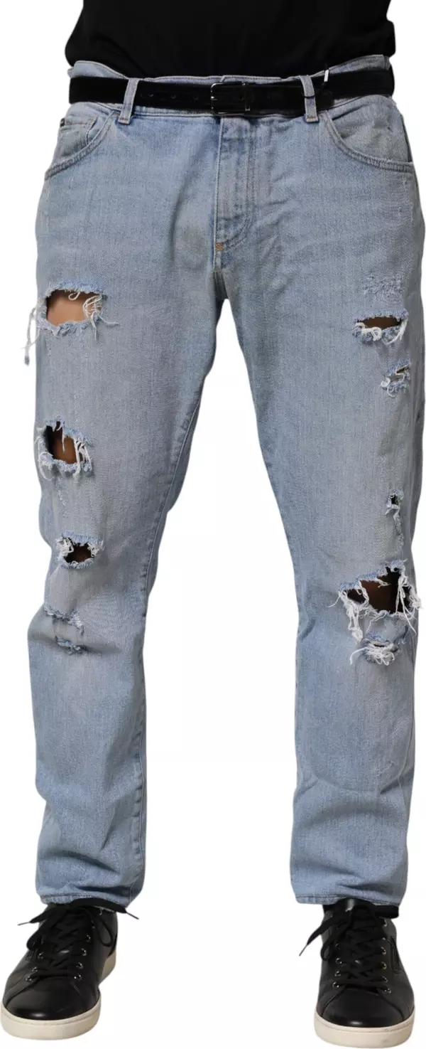 Blue Cotton Distressed Slim Fit Denim Jeans