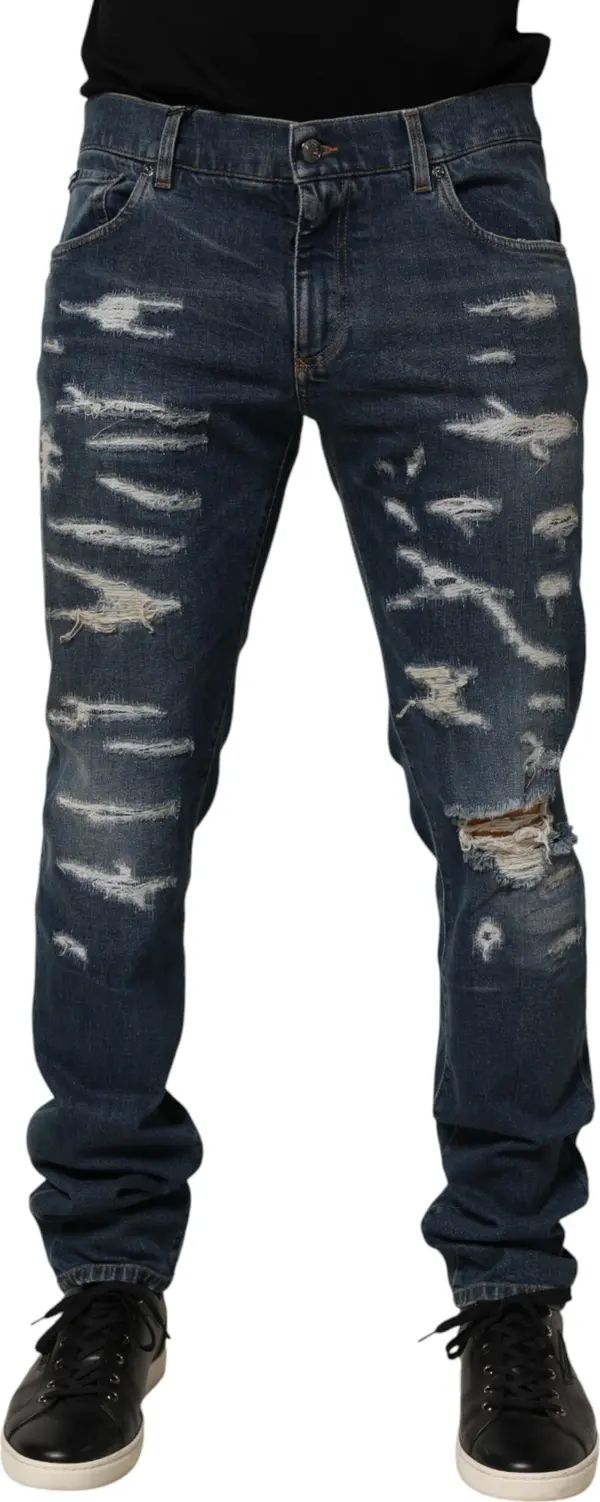 Blue Tattered Cotton Skinny Men Denim Jeans