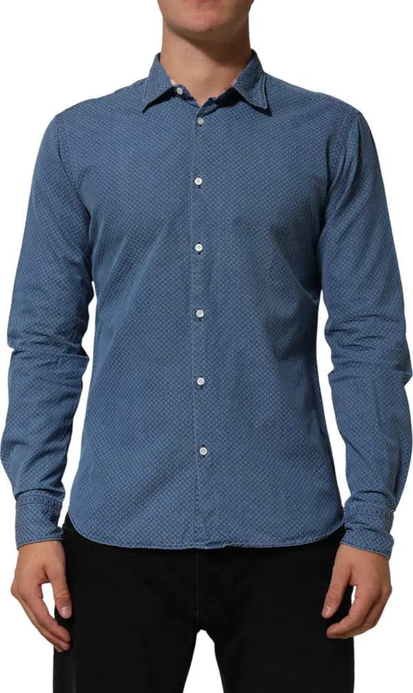 Blue Cotton Slim Fit Collared Long Sleeve Casual Shirt