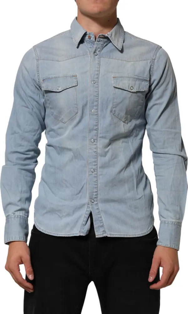 Blue Denim Collared Long Sleeve Men Shirt