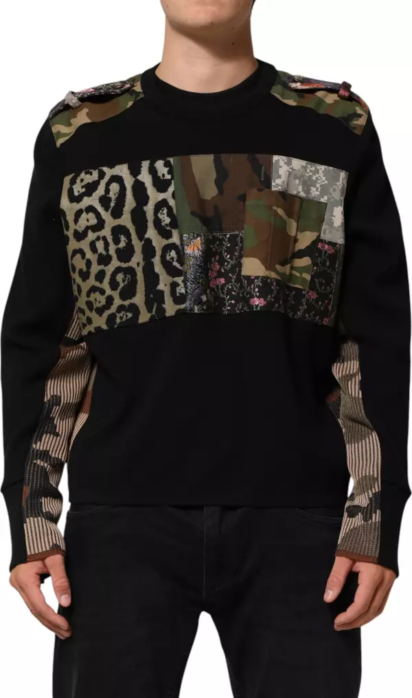 Black Patchwork Crew Neck Pullover Sweater