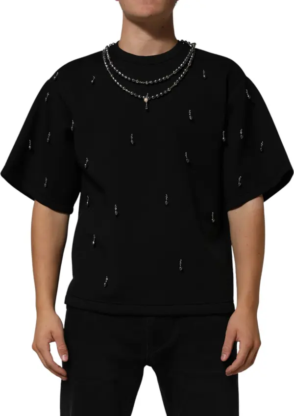 Black Polyester Necklace Embellished T-shirt
