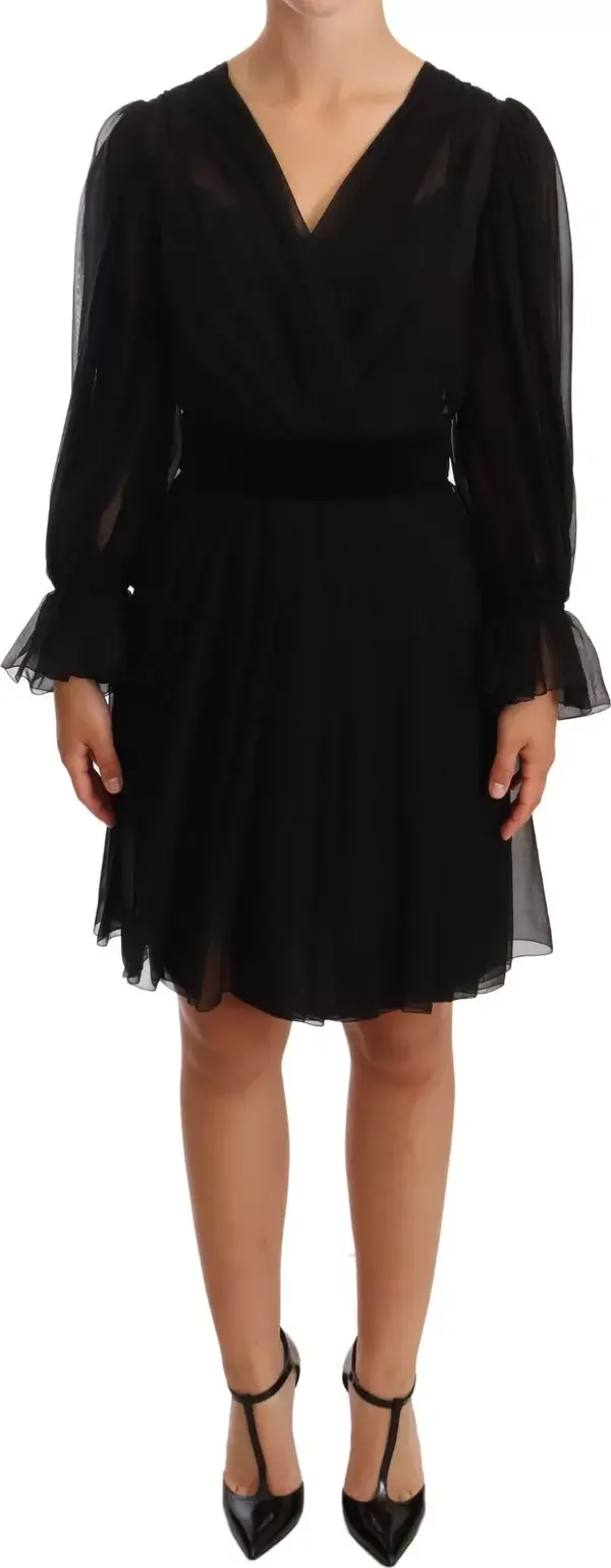 Black Silk Tulle Long Sleeve V-neck Dress