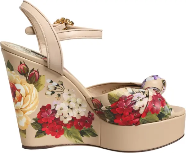 Beige Floral Ankle Strap Wedge Sandals Shoes