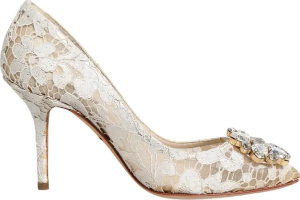 White Taormina Lace Crystal Heel Pumps Shoes