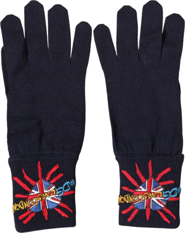 Blue Wool Knit #DGLovesLondon Embroidered Mitten Gloves