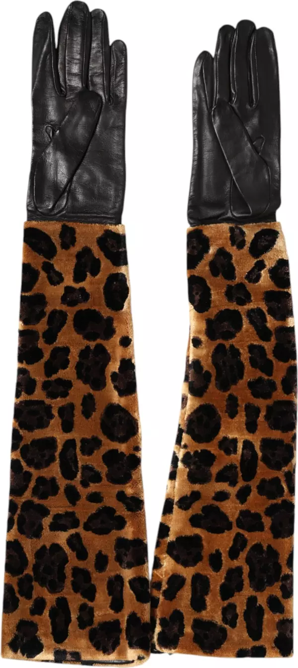 Brown Black Leopard Leather Elbow Length Mitten Gloves