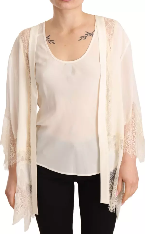 Off White Tank Lace Trim Cardigan Women Blouse Tops