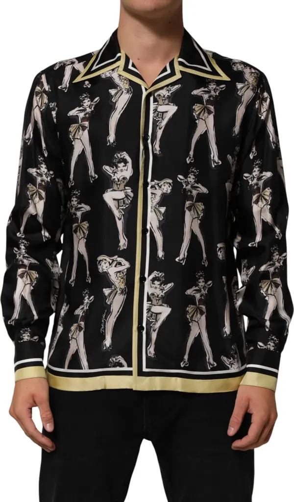 Black Silk Pin Up Printed Button Down Shirt