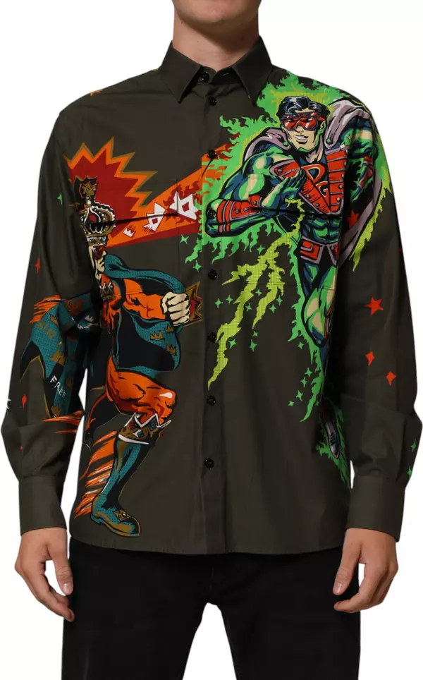Green Superhero Print Button Down Shirt