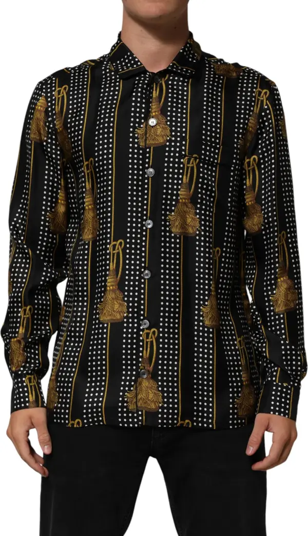 Black Dotted Tassel Silk Button Down Shirt