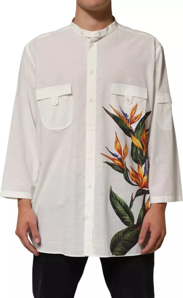 White Cotton Floral Print Button Down Shirt