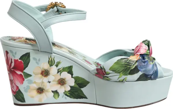 Green Floral Ankle Strap Wedge Sandals Shoes