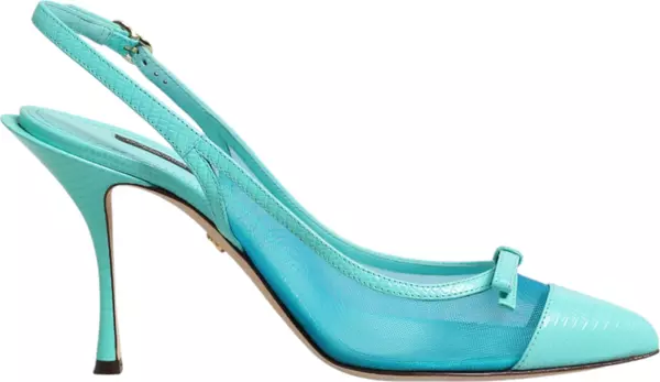 Blue Leather Mesh Heels Slingback Shoes