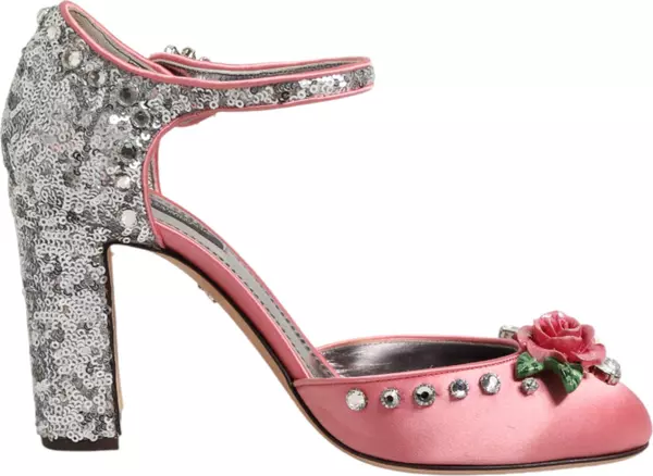 Pink Sequined Ankle Strap Sandals Shoes