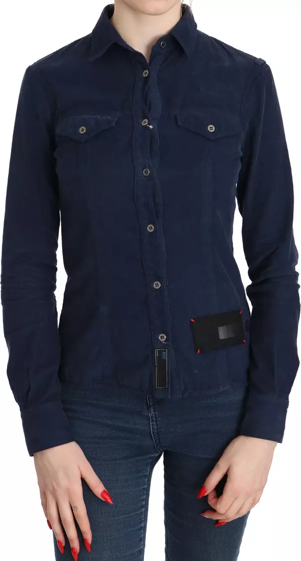 Cotton Blue Corduroy Long Sleeves Shirt Top Blouse