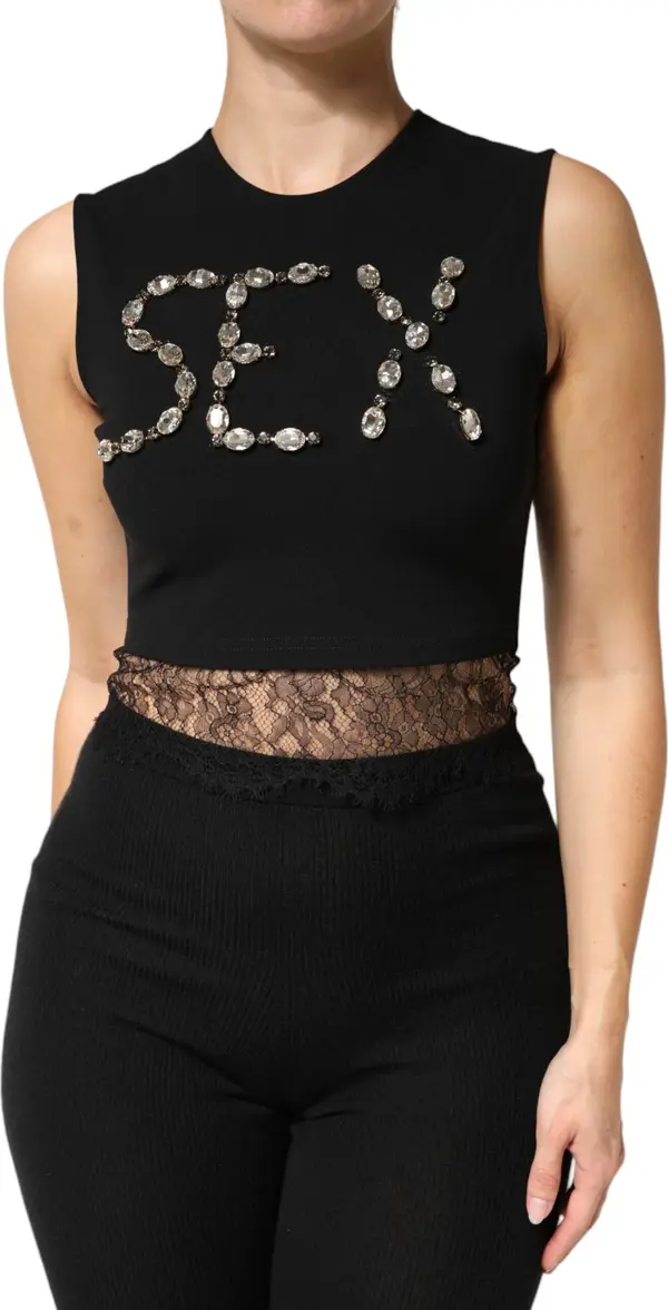 Black Jersey Lace Ruching Rhinestone Tank Top