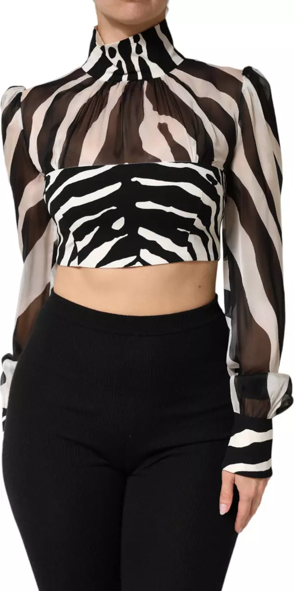 Zebra Print Chiffon Paneled Crop Blouse Top