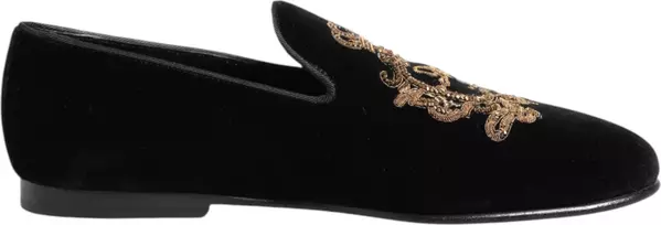 Black Velvet Gold Crown Mens Loafers Shoes