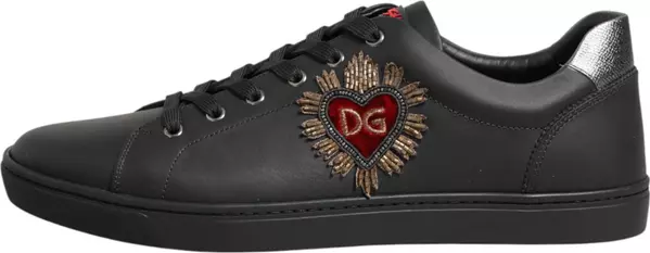 Black Leather Heart Embellished Sneakers Shoes