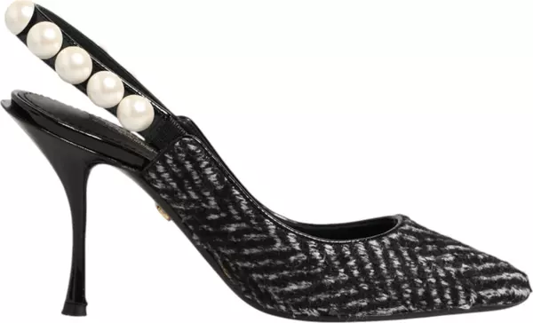 White Black Chevron Faux Pearl Slingbacks Shoes