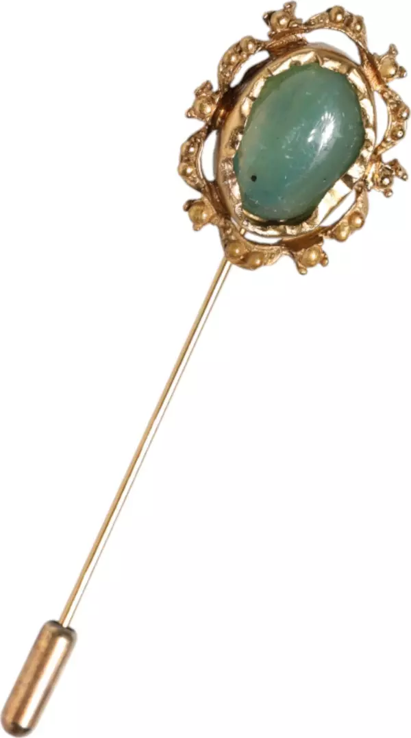 Gold Tone Green Stone Antique Men Accessory Brooch Pin