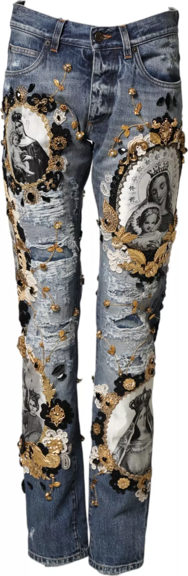 Blue Ripped Embellished Cotton Denim Jeans