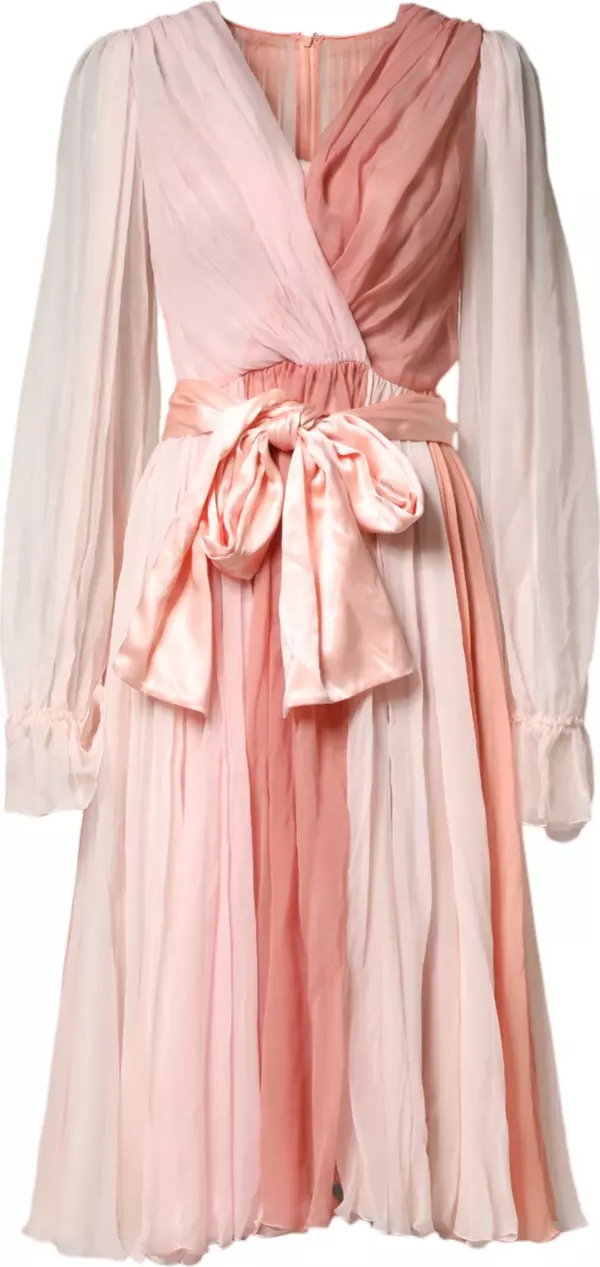 Pink Silk Tulle Long Sleeve V-neck Dress