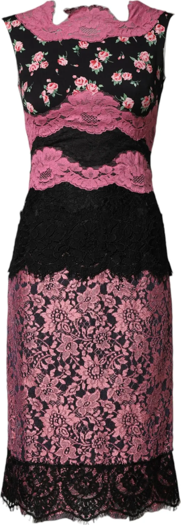 Black Pink Floral Lace Silk Sheath Dress