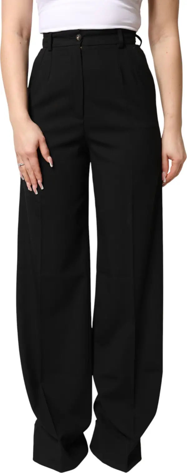 Black Wool Blend Straight High Waist Pants