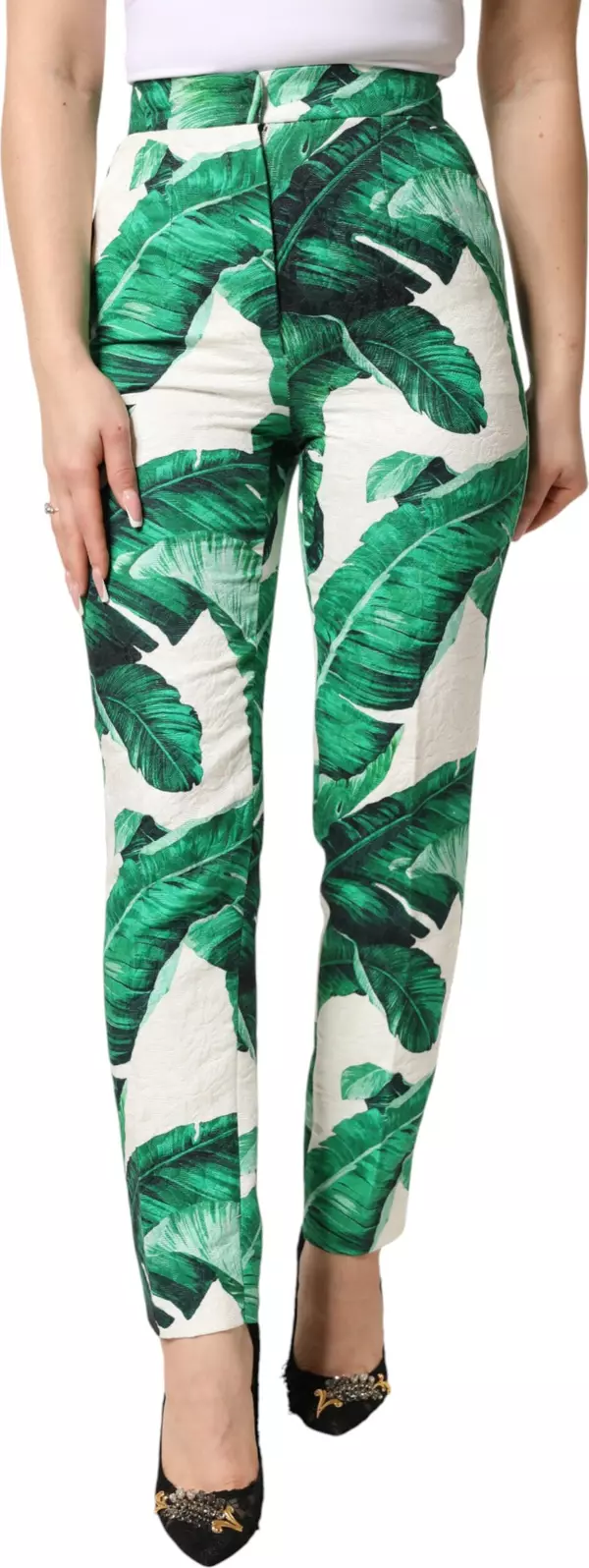 White Green Leaf High Waist Trousers Pants