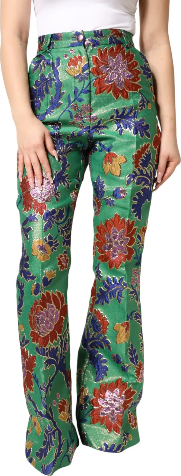 Green Floral Polyester BootCut Trouser Pants