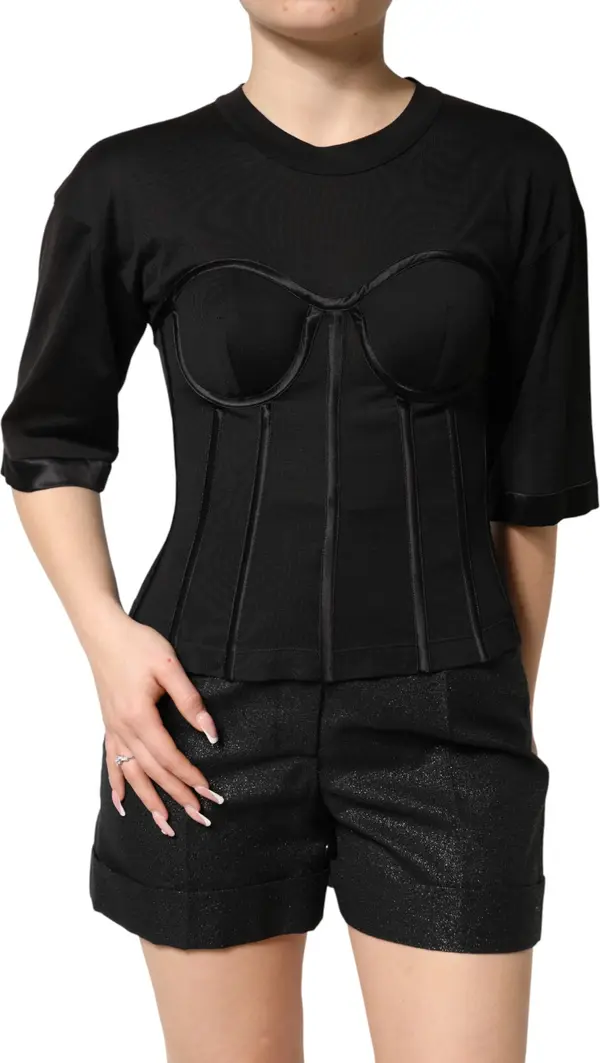 Black Cotton Bustier Corset Short Sleeves T-shirt