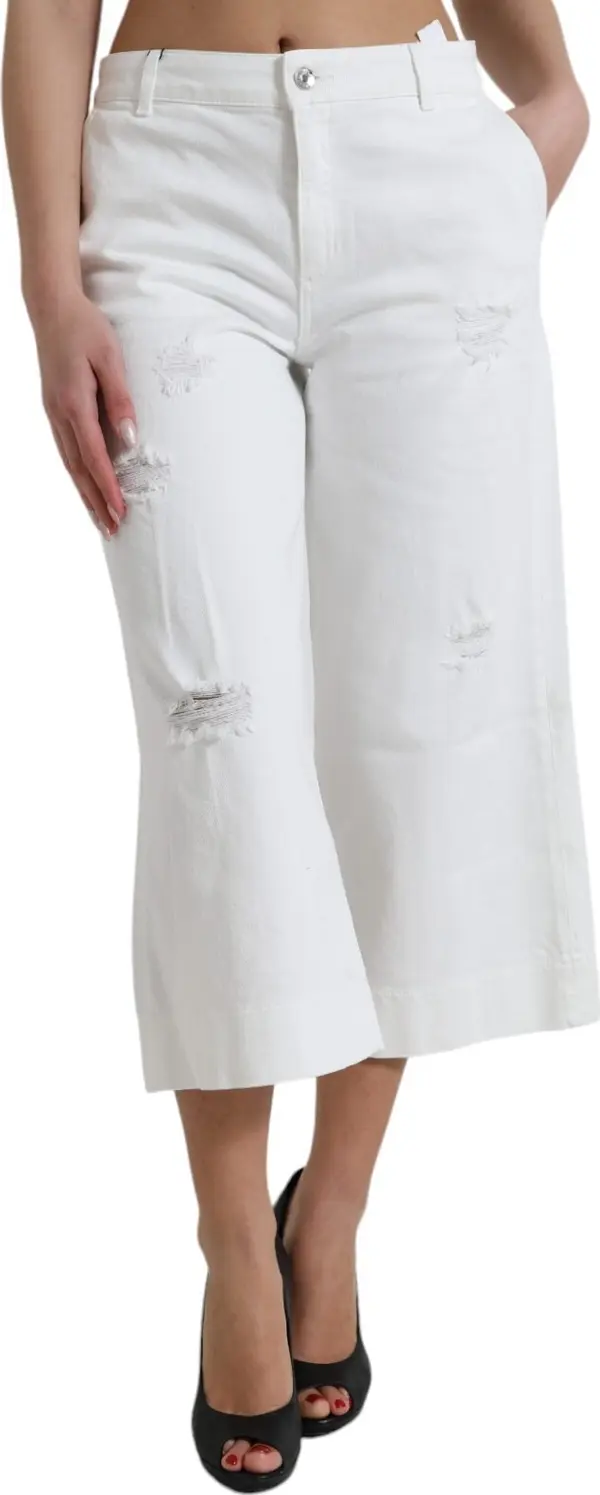 Wide Leg White Cotton Cropped Denim Jeans